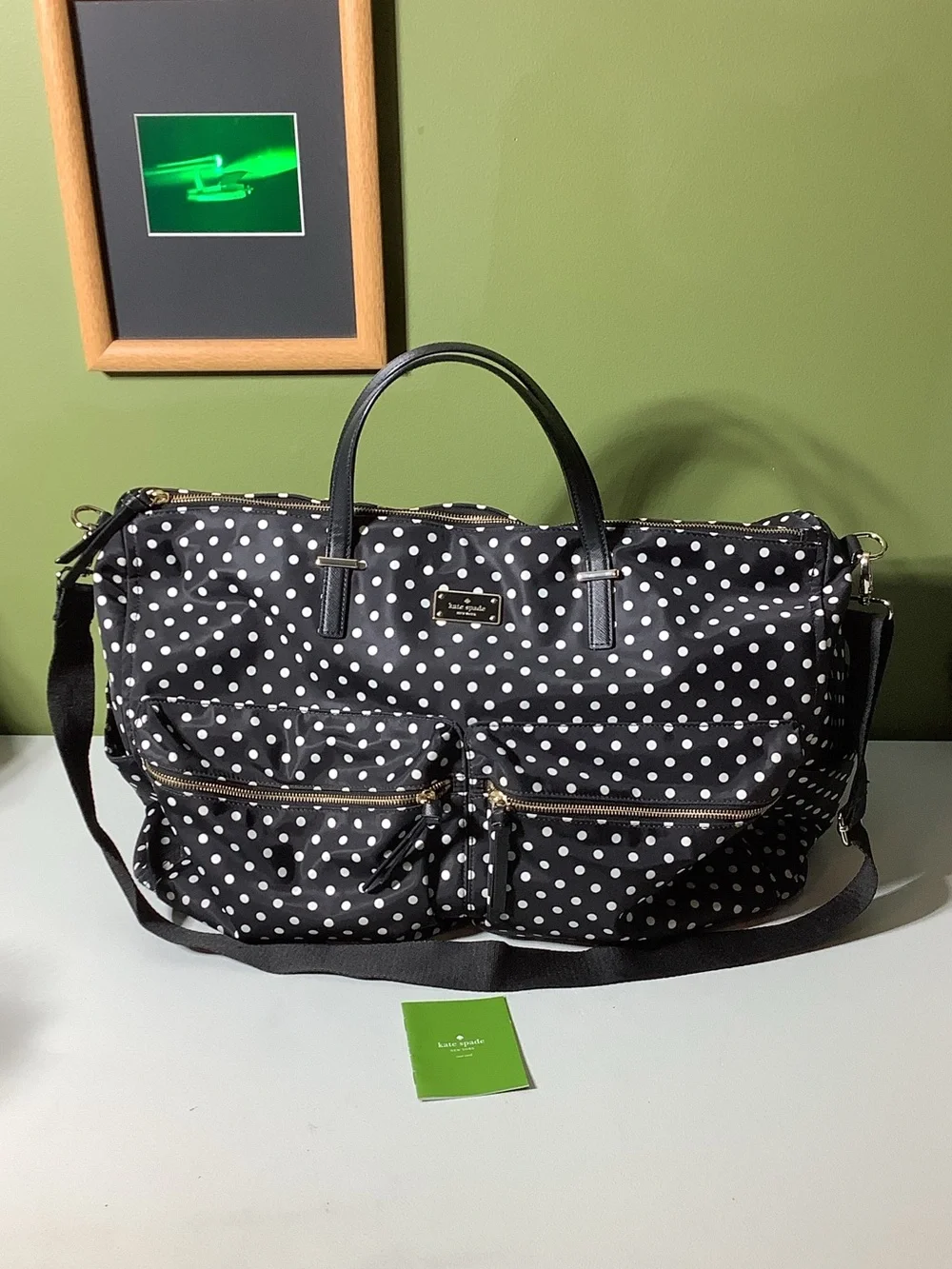 Kate Spade NY nylon black with white polka dots travel/weekender/duffle bag